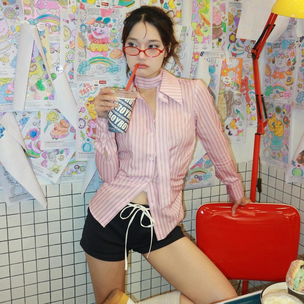 Korean Style Stripe Lapel Tie Shirt: Waist-Cinched, Long Sleeve, Sweet & Casual Women's Autumn Top