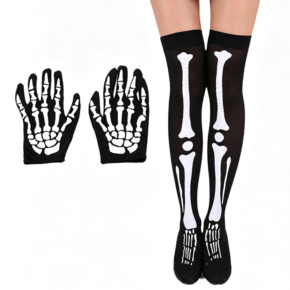 Geisterfest Skelett Kostüm Zubehör Skelett-Print Kniehohe Socken Und Lange Handschuhe Leuchtendes Muster Halloween Set