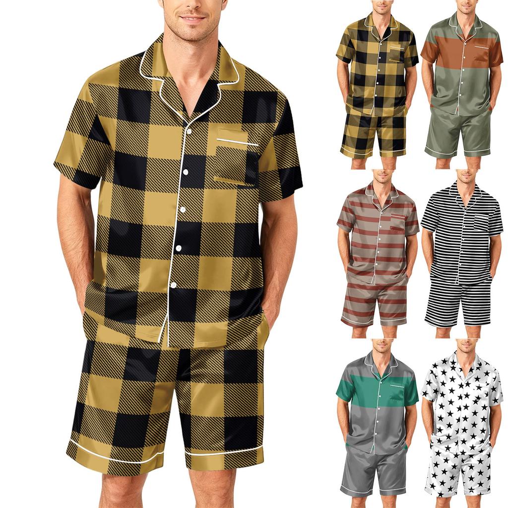 Men's Short Sleeve Pajama Set Button Down Shirt with Notched Collar and Matching Shorts Soft Lightweight Casual Sleepwear S to XXXXL