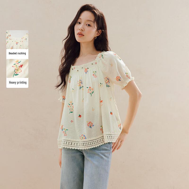 Inman Women s French Lace Floral Embroidered Square Collar Shirt L