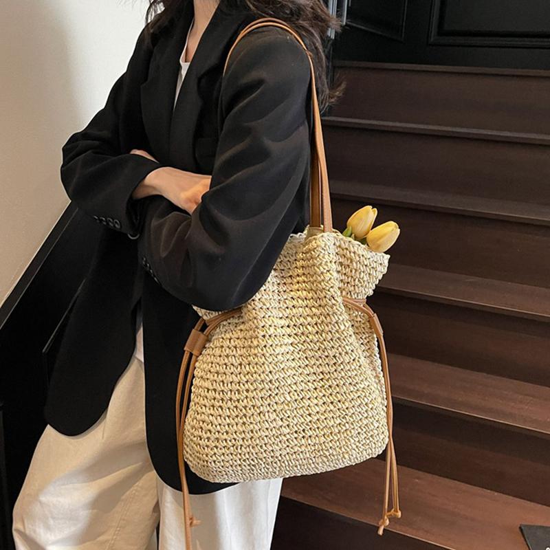 Yogodlns Dámská slaměná kabelka do podpaží Jednobarevná plisovaná kabelka Velká kapacita Módní taška přes rameno Cestovní nákupní plážová taška