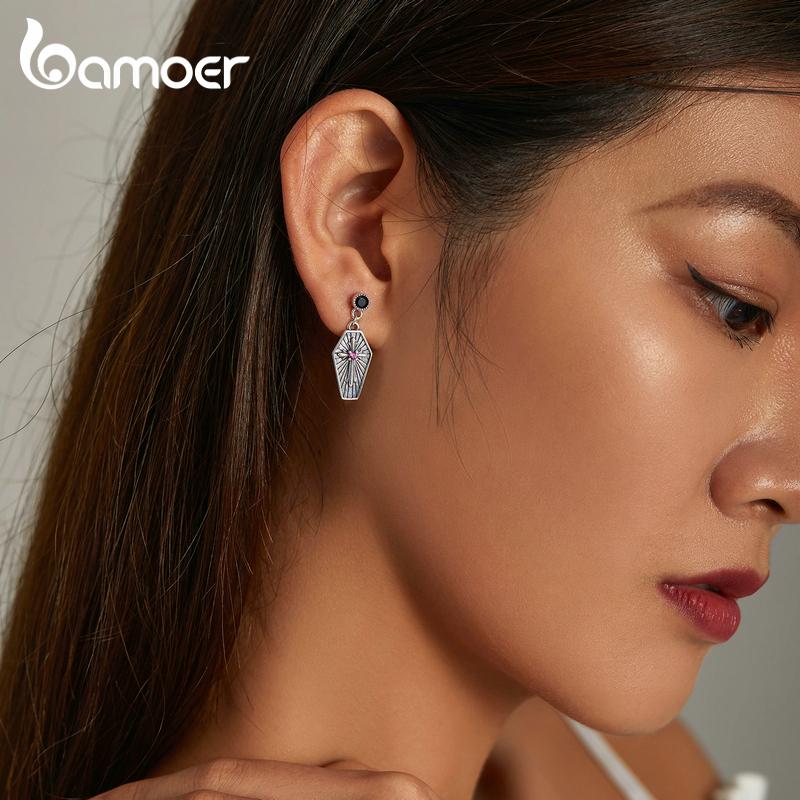 BAMOER 925 Sterling Silver Exquisite Original Hexagonal Shape Cross Embossed Earrings for Women Fine Jewelry