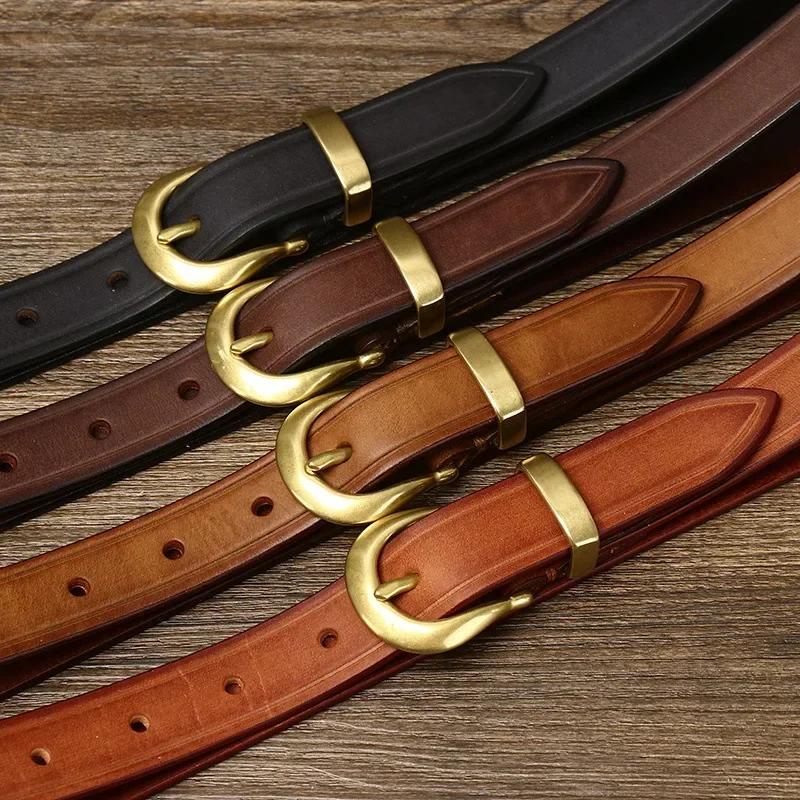 2.4 CM Pure Cowhide Genuine Leather Ladies High Quality Jeans Brass Buckle Belts Cowboy Fashion Designer Belts for Women Luxury