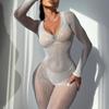 Women Long Sleeve Rhinestone Decor Sexy Open Crotch Intimate Bodysuit Lingerie