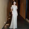 French fishtail light wedding dress   new bridal morning gown dress one-word shoulder sequins simple going out dress