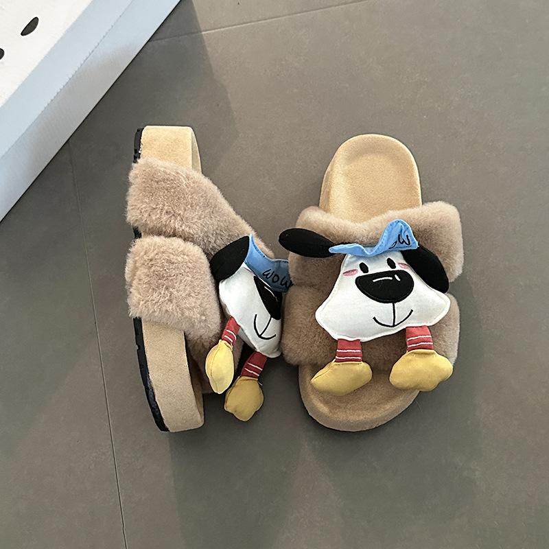 Suede Cartoon Pacha Dog Thick-bottomed Cotton Slippers Women's Autumn and Winter Cute Cute Cute Warm and Plush Casual Fluffy Slippers
