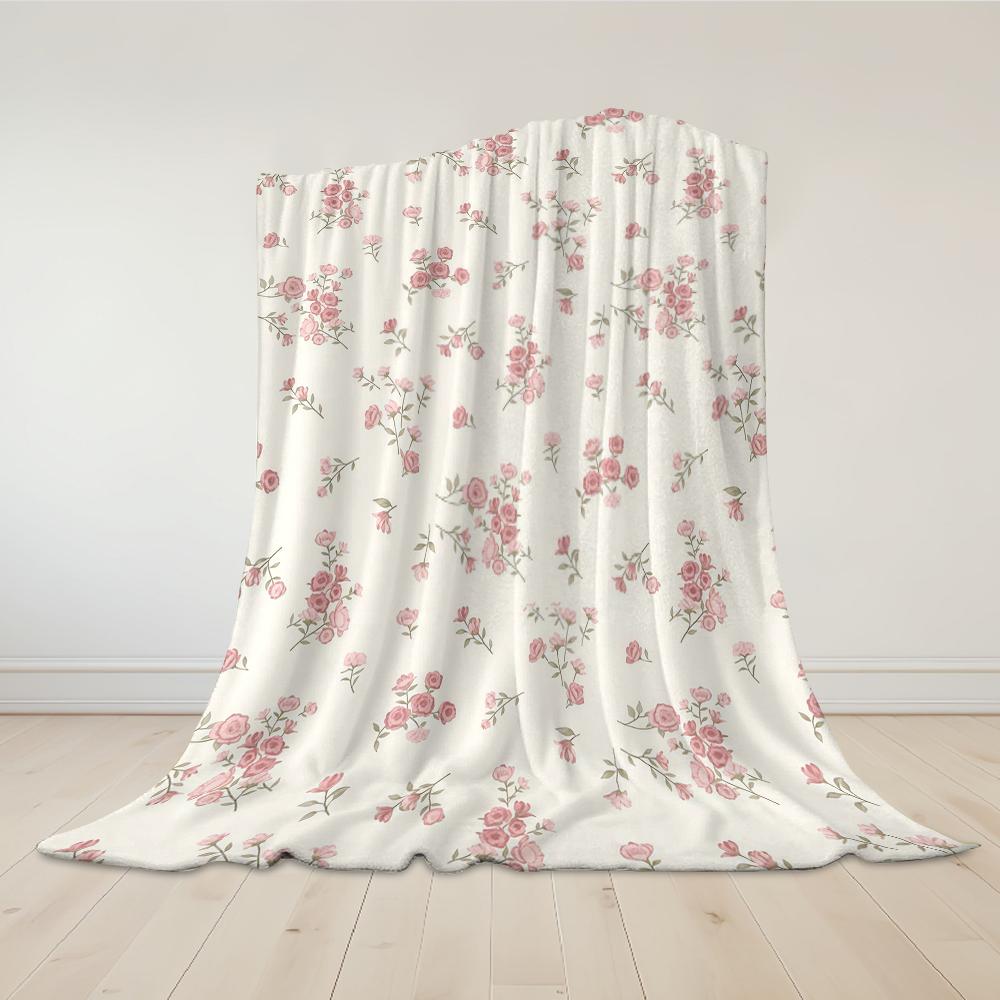 Cream Pink Flowers Flannel Blanket Warm Soft Halloween Christmas Couch Warm Cozy Decorative Decor Gift for All Season