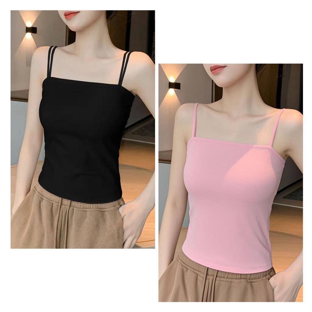 Women's Stylish Double Strap Camisole with Chest Pads - Beautiful Back and Sleeveless Form-Fitting Top