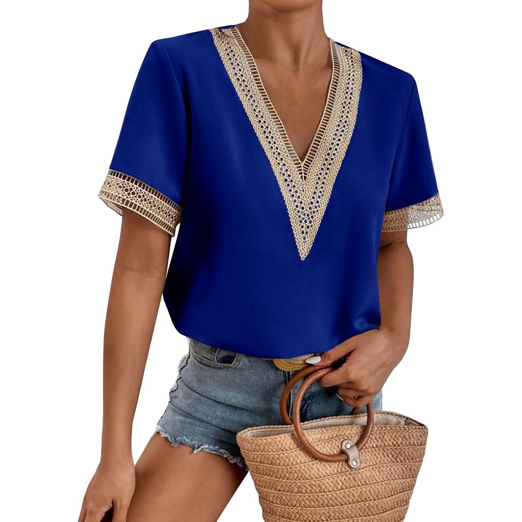 Women's Fashion Lace Trim Short Sleeve Chiffon Top