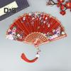 Chinese Style Flower Folding Fan with Tassels Portable Summer Hand Held Cooling Fan Decoration Dance Performance Props Party Costume Accessories