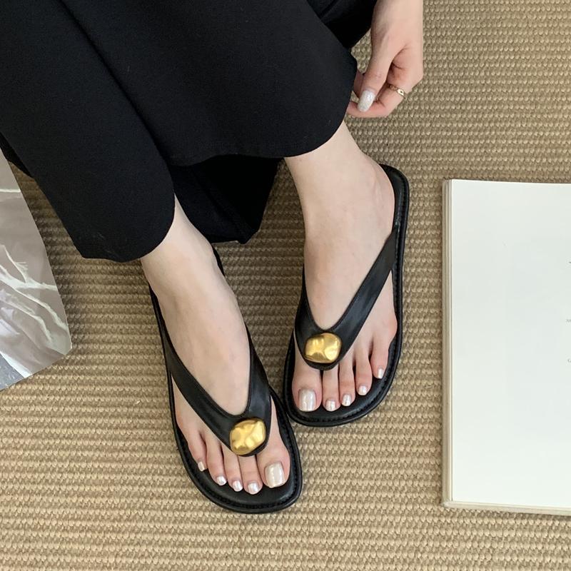 Fashion SUOJIALUN Summer New Brand Women Slipper Fashion Metal Buckle Slip On Flip Flop Shoes Soft Flat Heel Outdoor Casual Vacation Sli