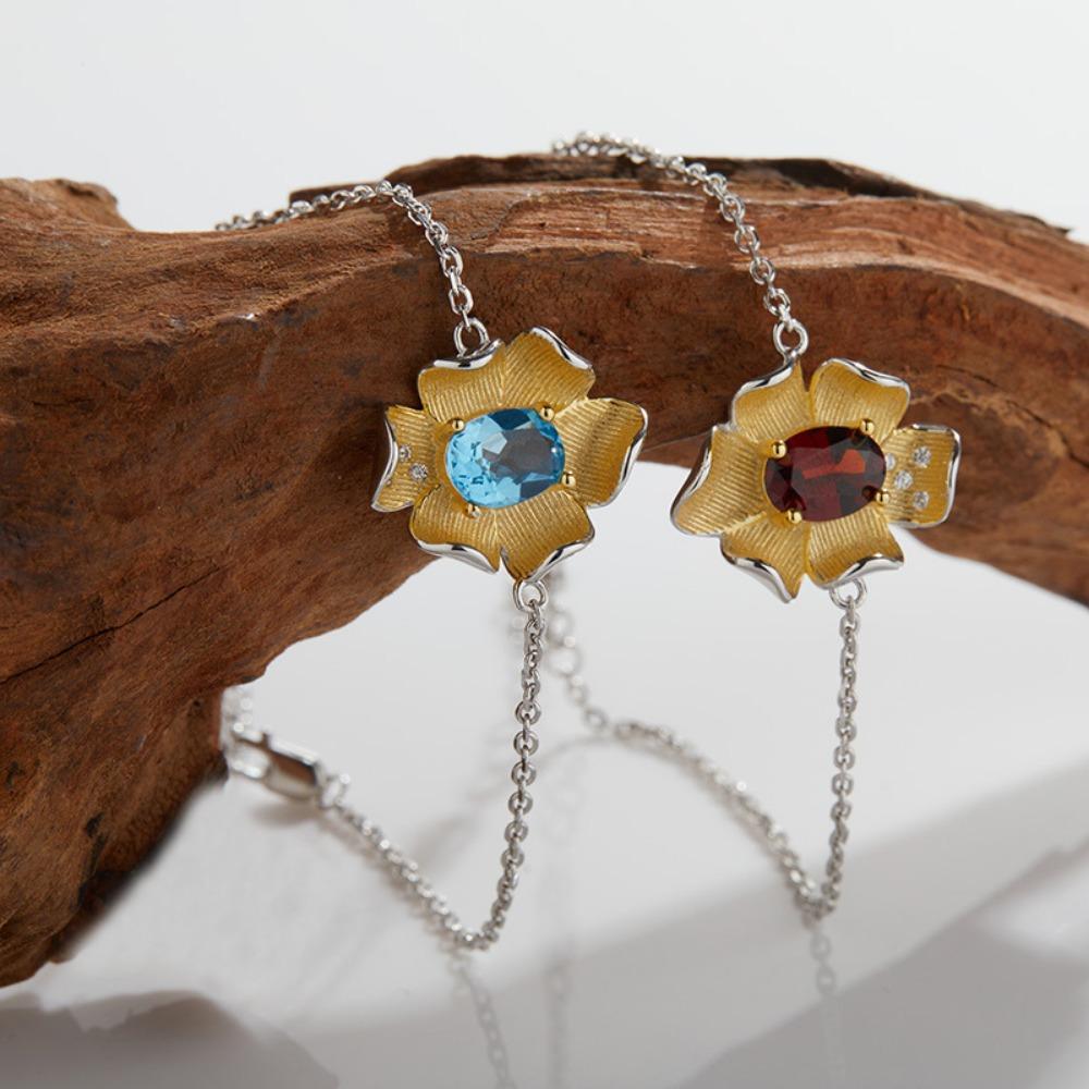 S925 Sterling Silver Necklace with Natural Color Treasures, Designed with Female Flowers, Necklace, Bracelet, Ring, Earrings