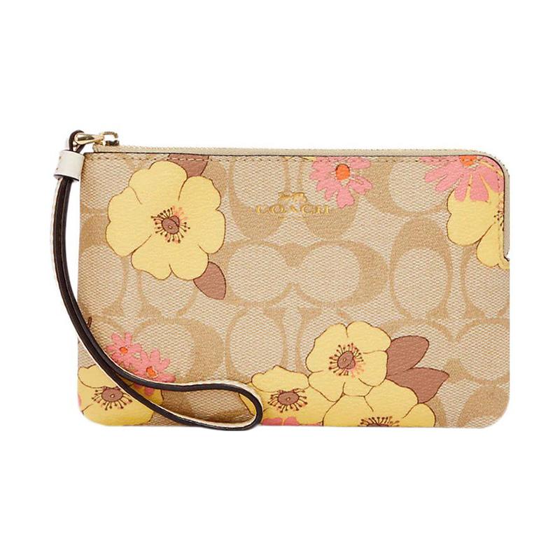 COACH Wristlet 16 Gold Letter Logo Floral Cluster Classic Prestoric Zipper Coated Canvas and Leather Clutch Small Women s Khaki золотой