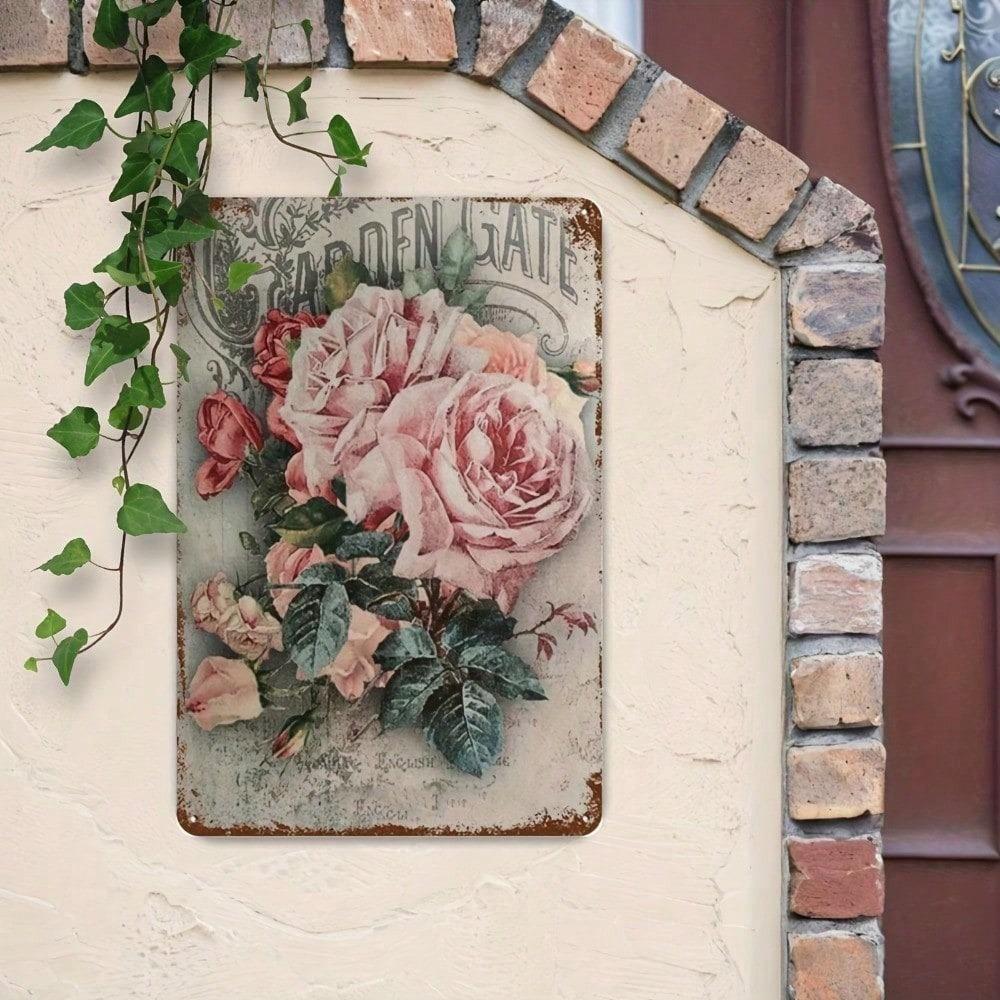 Vintage Roses Floral Tin Sign 8x12in Shabby Chic Rustic Farmhouse Wall Art Garden Bathroom Home Decor Unframed