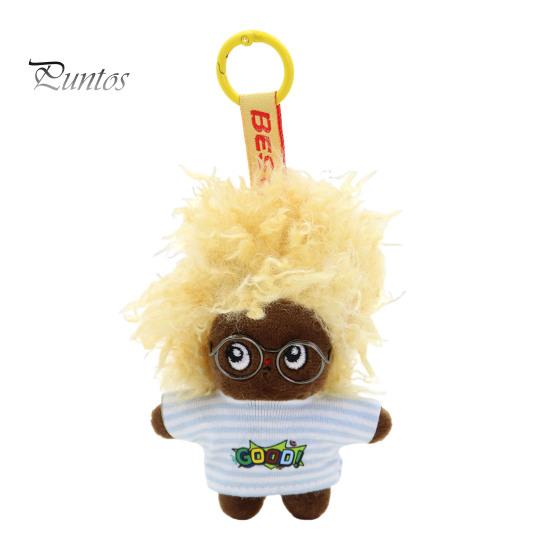 Keychain Doll Pendant, Mini Size Portable Soft Velvet Fabric Daily Wear Bag Charm Fried Hair Glasses Doll, Durable Accessory for Bags Keys Backpacks