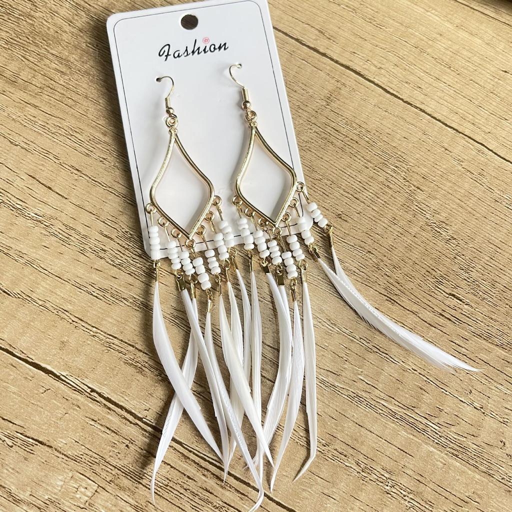 Vintage Bohemian Feather Tassel Earrings Exaggerated Ethnic Vacation Dangle Ear Jewelry Fashion Accessories For Women