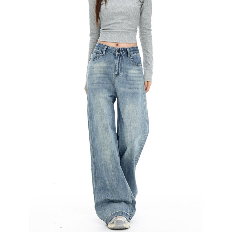 Plus-Size Vintage Wide-Leg Jeans for Women, Summer New High-Waisted Slimming Drape Loose Straight Pants for Plus-Size Women, Floor-Length Pants