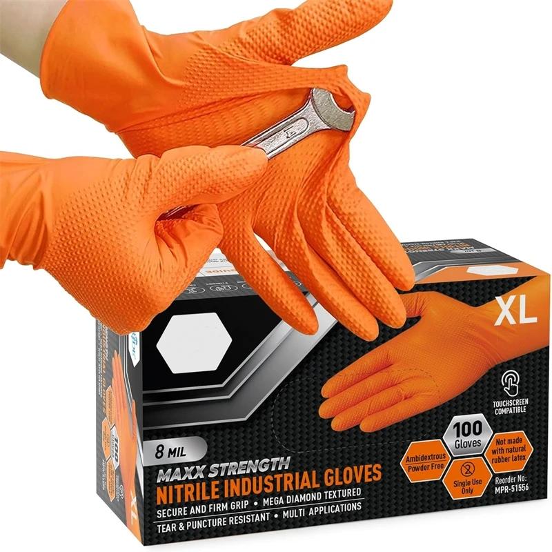 Heavy Duty Orange Nitrile Gloves 8Mil Industrial Disposable Gloves Mechanic Safety & Work Gloves with Diamond Textured Grip for