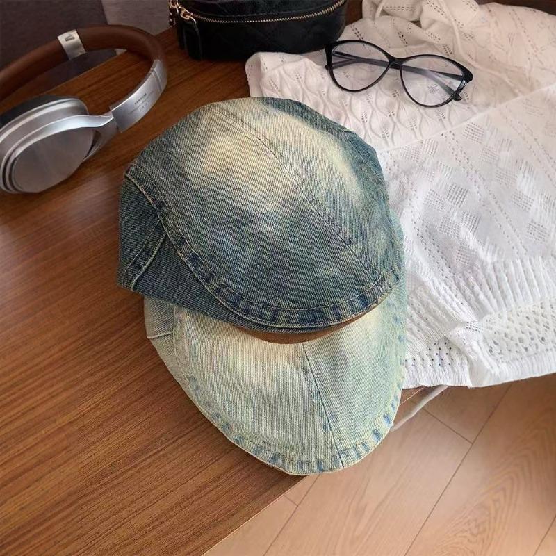 Retro washed denim forward hat women's casual versatile big head circumference shows a small face, wearing a duck tongue beret