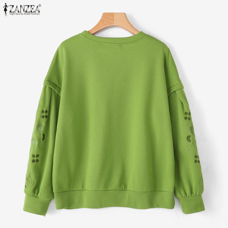 ZANZEA Women Casual Embroidered Splice Long Sleeve Loose Pullover Tops