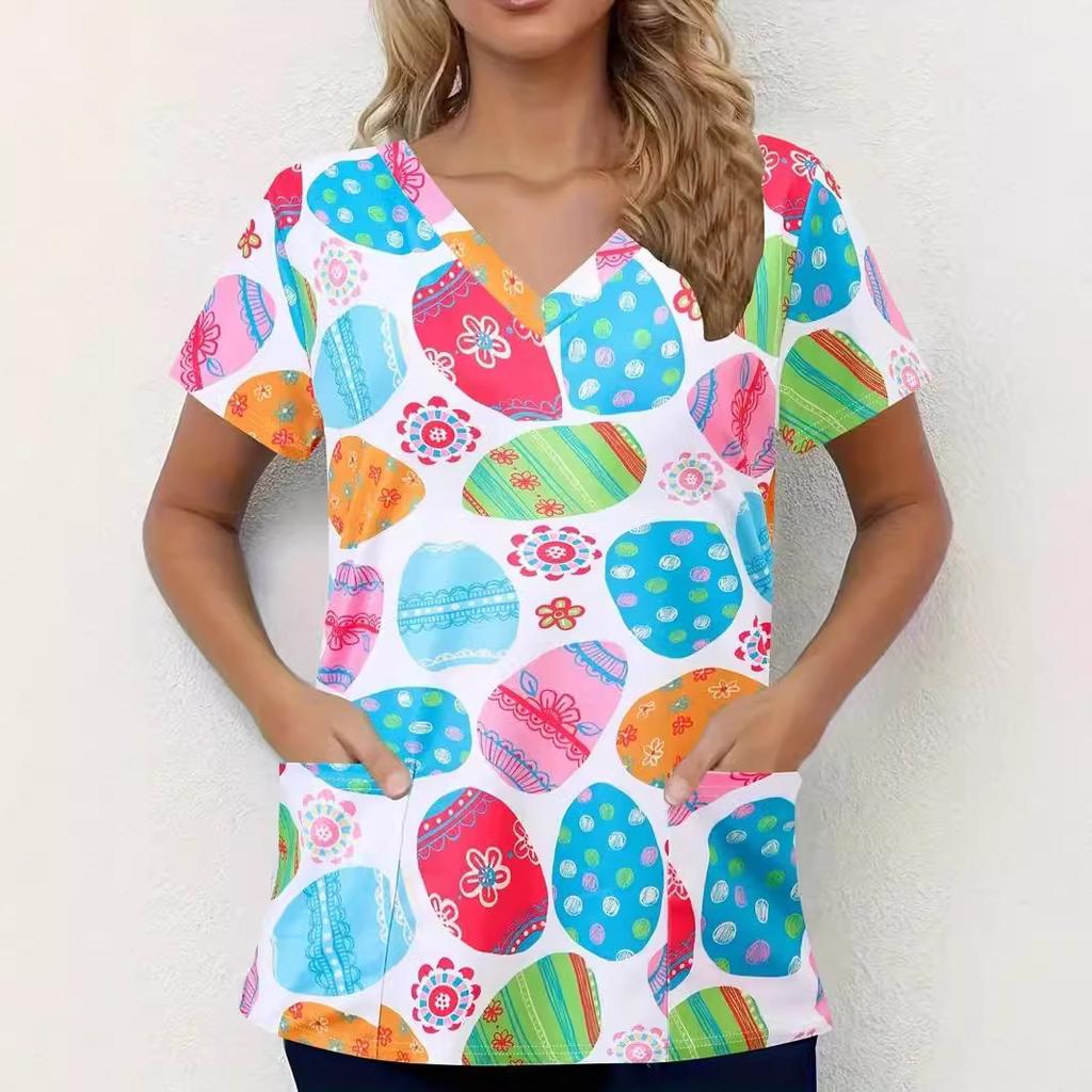 Romantic Pink Butterfly 3D Digital Print Women's Pocket V-neck Pullover Short Sleeved T-shirt Hospital Protective Apparel