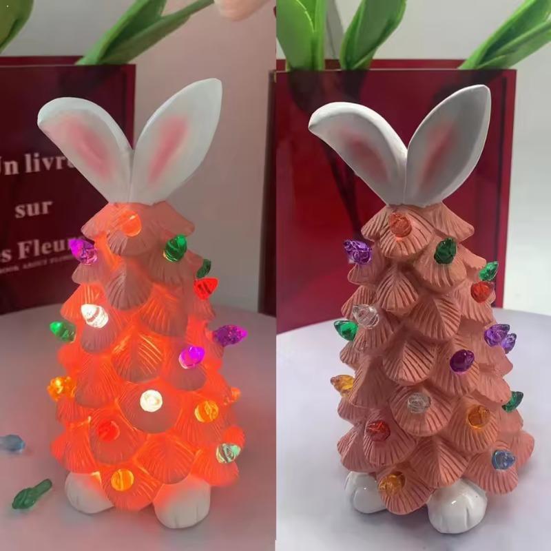 Happy Easter Bunny Tree Resin Bunny Figurines W/ Colorful Beads Tabletop Decor Lights Up Rabbits Spring Easter Decorations Gifts