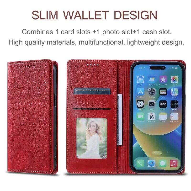 Leather Wallet Card Phone Case for iPhone 15 Pro Max 14 Plus 13 12 Mini 11 For Samsung Galaxy S23 Ultra S22 S21 S20 FE A54 A34 A14 A73 A53 Flip Cover