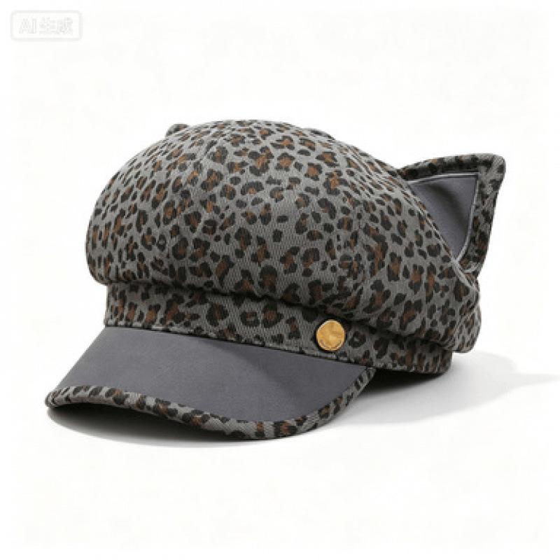 American retro leopard print kitten ears octagonal hat fashion spice girl style millennial style niche fashion versatile newsboy hat