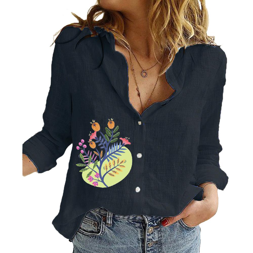 Damen Mode Langarm Oberteil Baumwolle Leinen Knopfhemd Damen Lässige Druckblusen