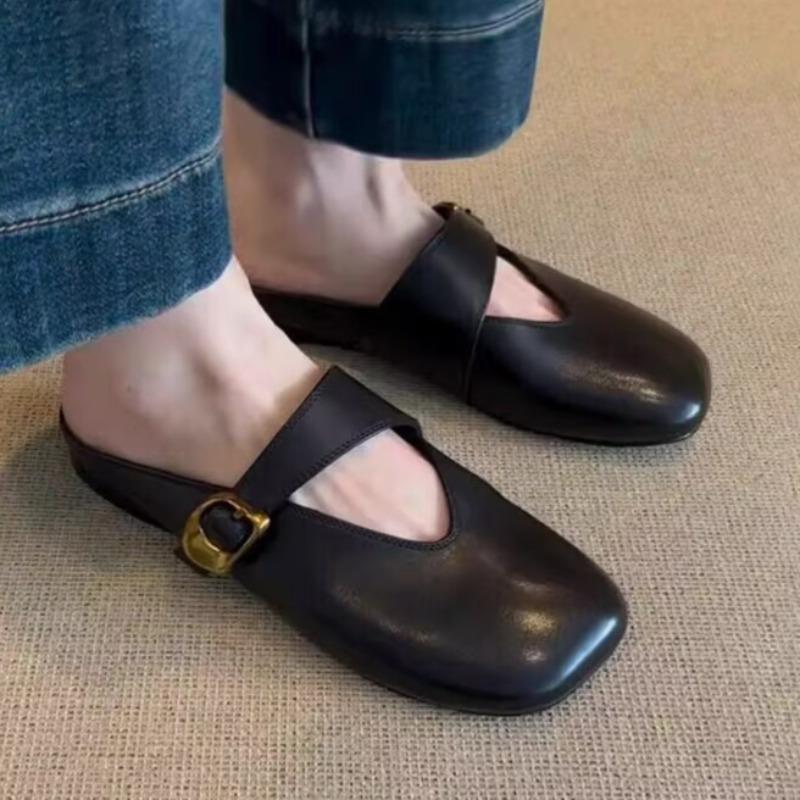 Fashion Women Flats Mules Shoes Elegant Leather Woman Slippers Fad Buckle Slingback Sandals 2025 Summer New Flip Flops Zapatillas Mujer