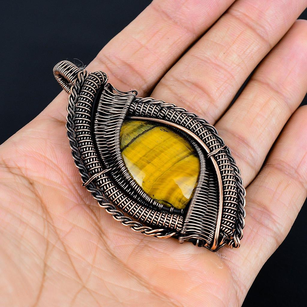 Tiger's Eye 999 Copper Wire Wrapped Pendant, Handmade Gemstone Pendant, Gift For Mom Antique Jewelry