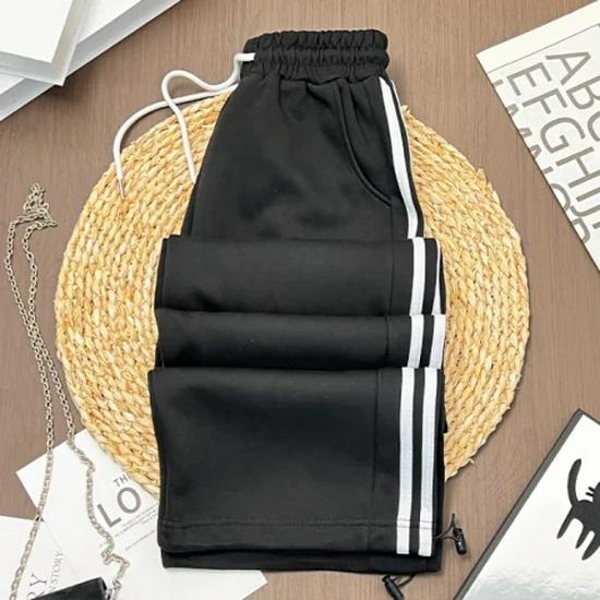 

Женские полосатые широкие спортивные штаны, Весна/Осень 2025 - Повседневный свободный крой, Маленький рост, Ленивый стиль XL чёрный