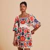 VEZFAA Women's Fashion Summer Spring Flower Pattern Print 1/2 Sleeves Square Collar High Waist Casual Dresses