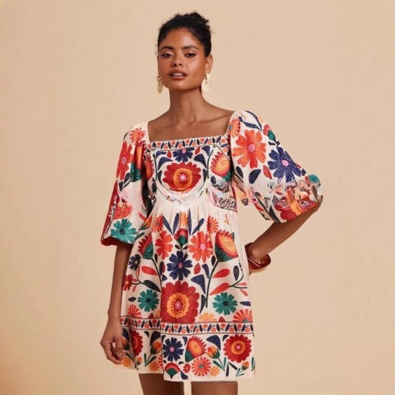 

VEZFAA Women s Fashion Summer Spring Flower Pattern Print 1/2 Sleeves Square Collar High Waist Casual Dresses S
