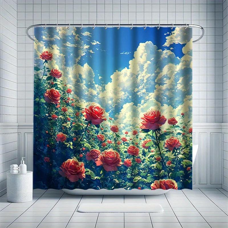 Bright Flower Shower Curtain Set, Bright Stamen, Blue Sky & White Clouds, Bathtub Partition, Modern Bath Decor W90xH180cm