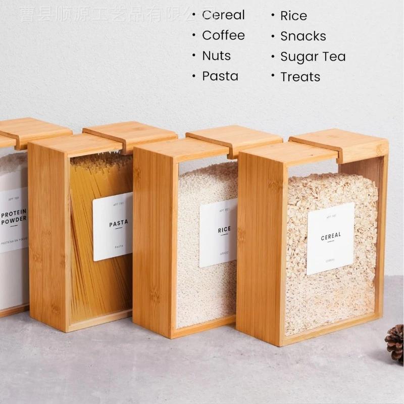 Bamboo Wooden Grain Storage Box Airtight Square Kitchen Pantry Organizer Transparent Food Container for Rice Cereal Dry Goods