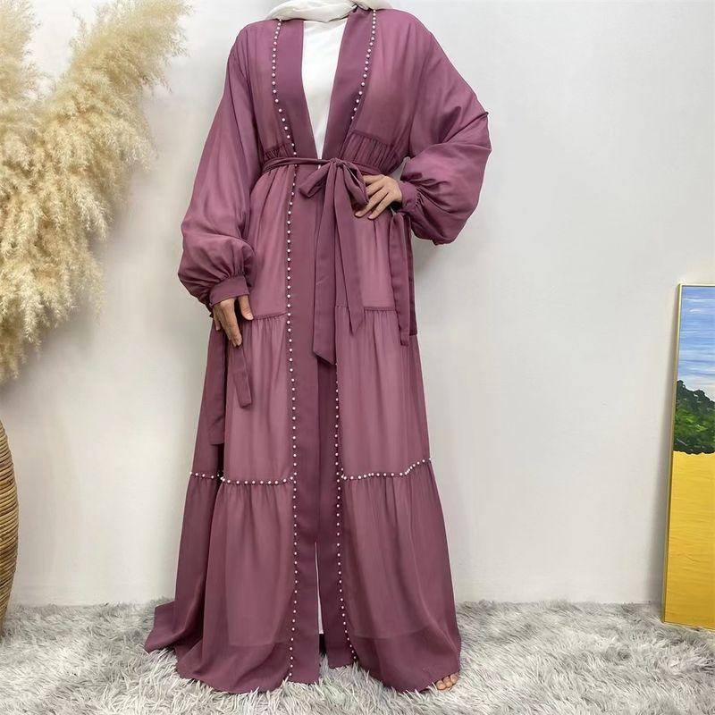 Middle East Solid Beads Lace-up Chiffon Cardigan Dress Pin Bead Lace up Chiffon Dress