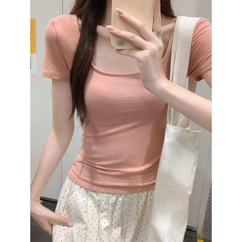 French Women's Summer BM Style Short Slim Fit Large U-neck Top Dopamine Whitening Solid Color Versatile Short-sleeved T-shirt