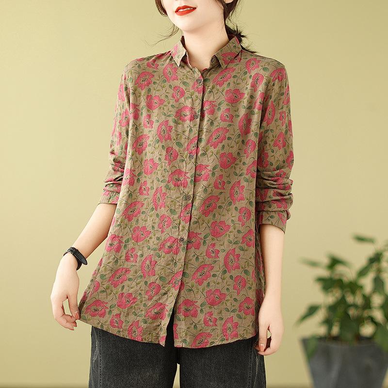 1116 Frühherbst neue literarische und Retro-Druck Baumwoll-Leinen Langarmshirt Damen Herbst locker Mutter-Shirt