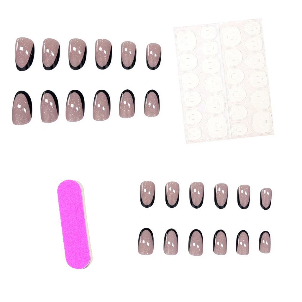 24 Nail Art Advanced Sense Black Edge French Light Luxury Glitter Craft Short Oval Wearing Nail