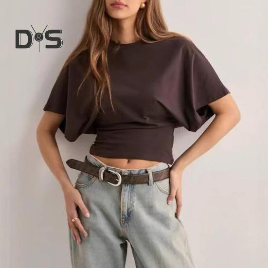 Dámské jednobarevné tričko s kulatým výstřihem Prodyšný ležérní top Letní pulovr s krátkým rukávem na práci, pro každodenní nošení, na večírky