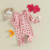 Infant Girl Valentine's Day Jumpsuit with Bow Headband Long Sleeve Ruffled Heart Print Zip Up Romper