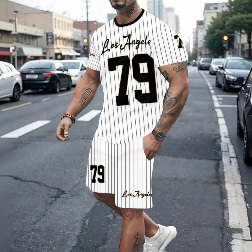 Men's suit casual round-neck short-sleeved pullover T-shirt with print sporty casual pants set