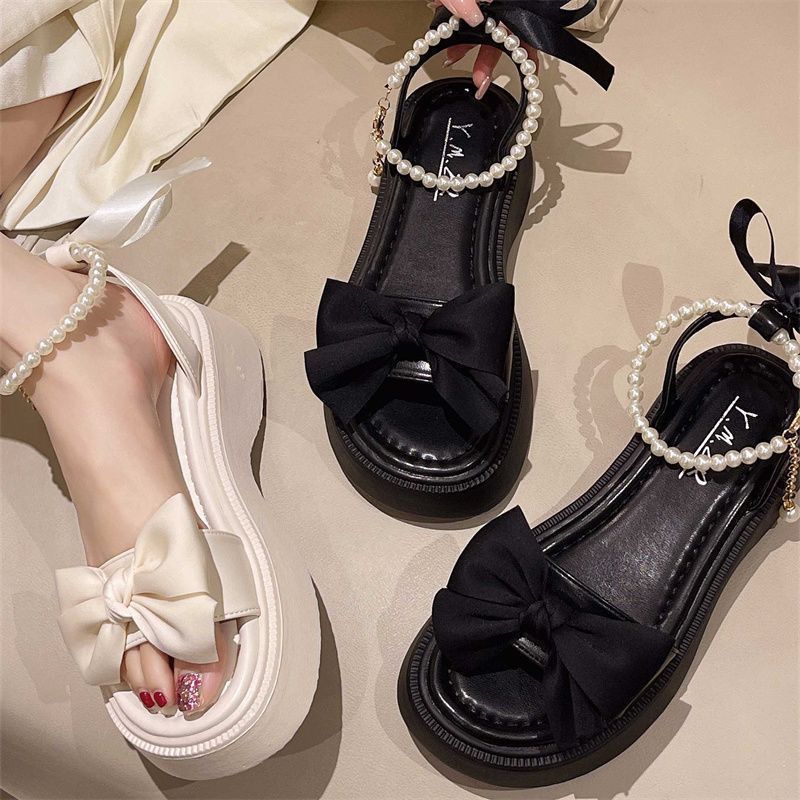 Fashion Comfort Shoes for Women Pearl Sandals Suit Female Beige Increasing Height Block Heels All-Match Black Bow 2024 Fashion Chunky Gi