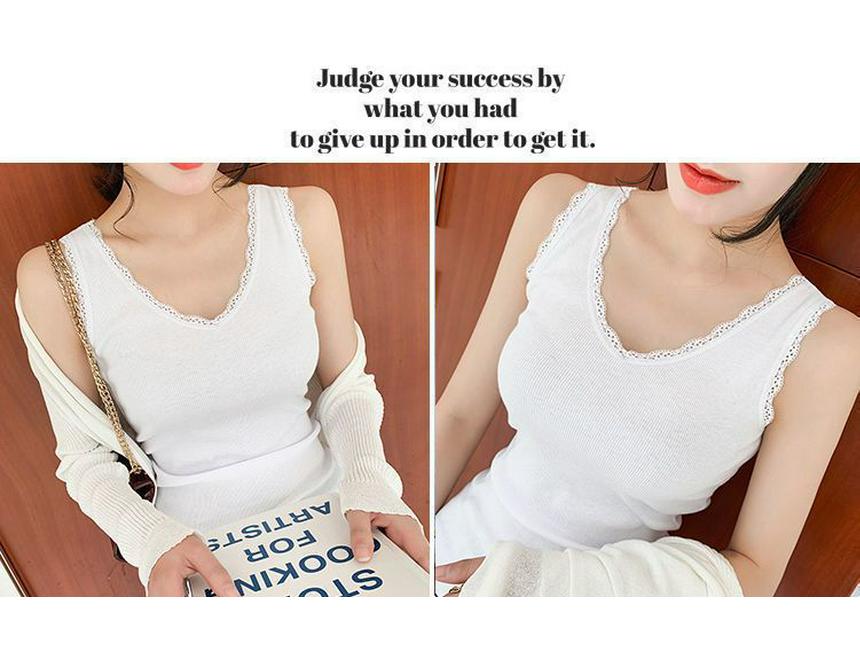 Modal Cotton V-Neck Lace Trim Ribbed Tank Top - Slim-Fit Versatile Camisole for Spring/Summer