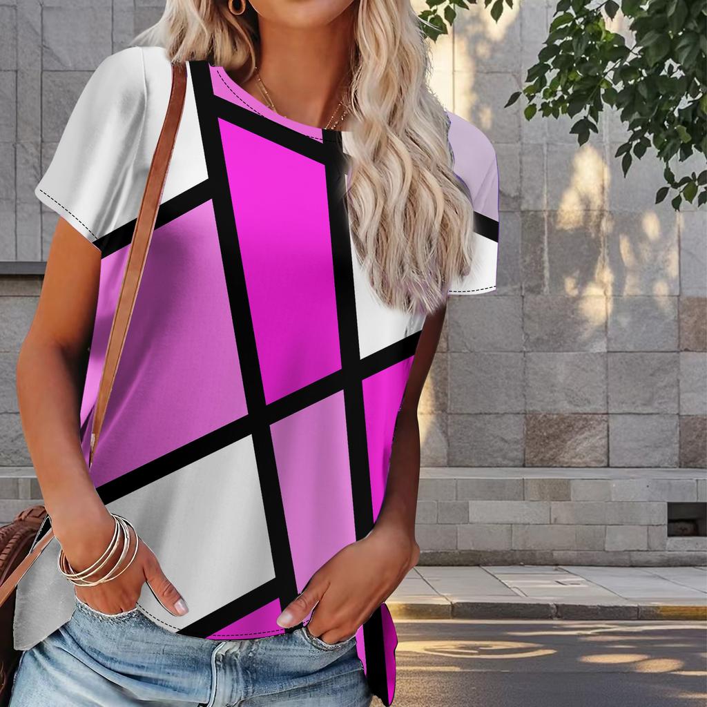 Damska letnia koszulka z geometrycznymi wzorami, nadruk w stylu retro, z krótkim rękawem, casualowe, nadrukowane topy