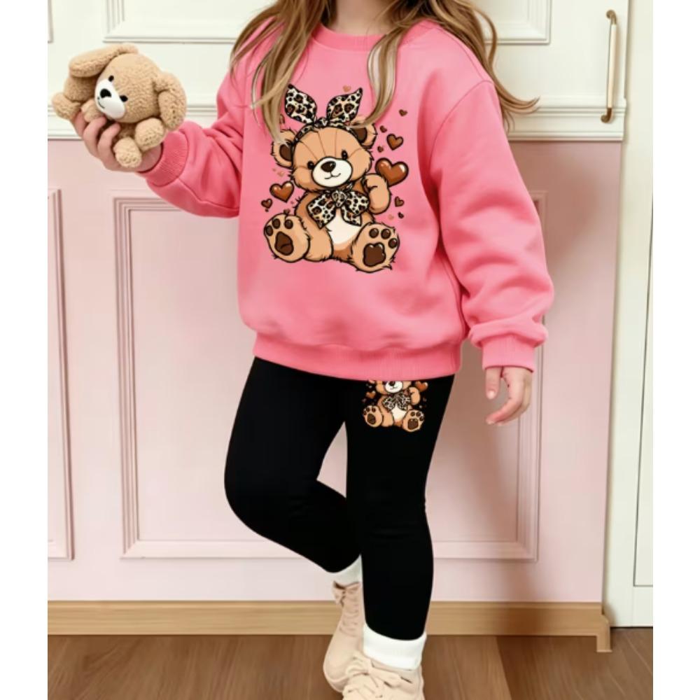 Girls' Leopard Bear Casual Comfortable Soft Loose Pullover Sweatshirt and Leggings 2-Piece Set, New Autumn/Winter, Playful, Sweet and Cool Style