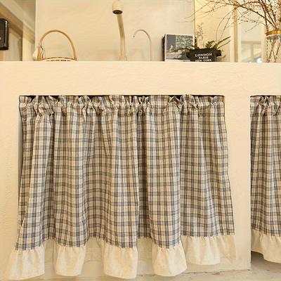 1Pc Grids Linen Ruffled Short Curtain, Suitable for Restaurant Cafe Balcony Partition Decorative Curtain, Retro Kitchen Living Room Half Curtain