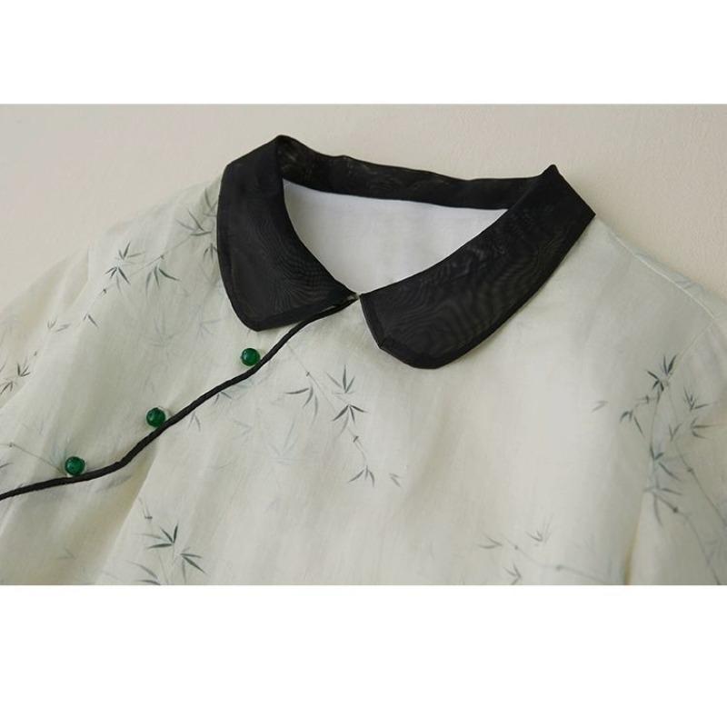 Women's White Floral Print Black Contrast Collar Short Sleeve Qipao Style Midi Dress