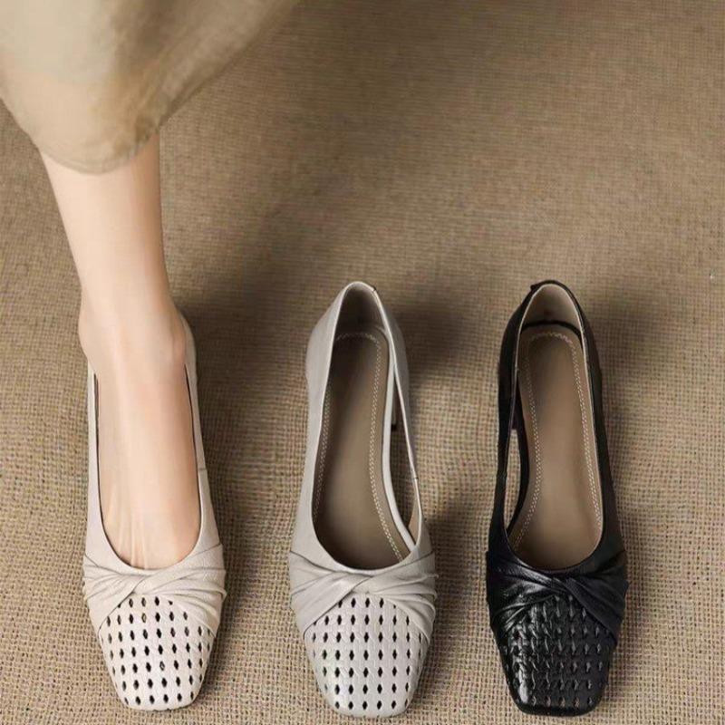 Fashion Low Heel Sheepskin Hollow-out Baotou Sandals Women's Xia New Retro Shallow Single Shoes